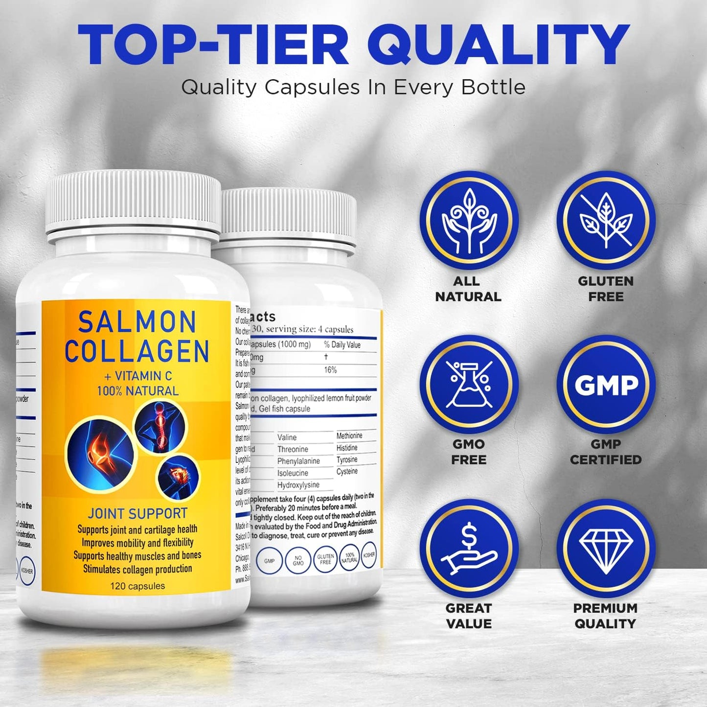 Salcoll Premium Marine Collagen Capsules, 120 Count, Fish Collagen Supplement for Joint Support, Skin, Hair & Nails - dailyvitalstore