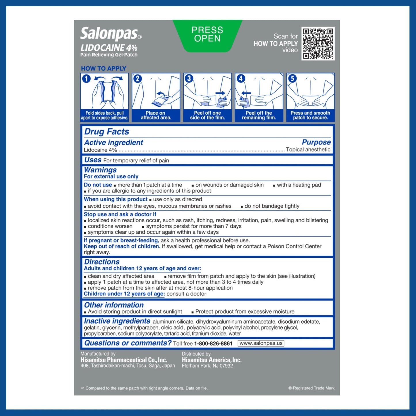Salonpas Lidocaine 4% Pain Relieving Gel-Patch, 6 Count, for Back, Neck, Shoulder, Knee & Elbow Pain - dailyvitalstore