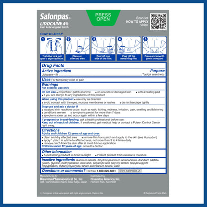 Salonpas Lidocaine 4% Pain Relieving Gel-Patch, 6 Count, for Back, Neck, Shoulder, Knee & Elbow Pain - dailyvitalstore