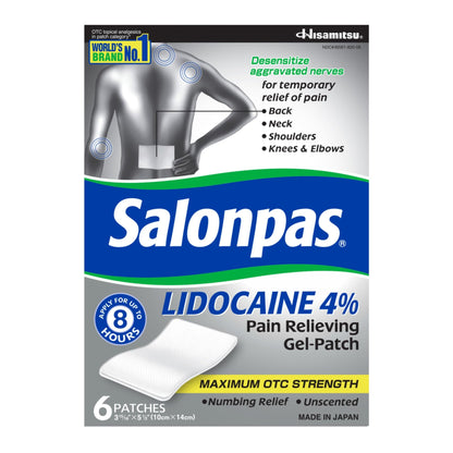 Salonpas Lidocaine 4% Pain Relieving Gel-Patch, 6 Count, for Back, Neck, Shoulder, Knee & Elbow Pain - dailyvitalstore
