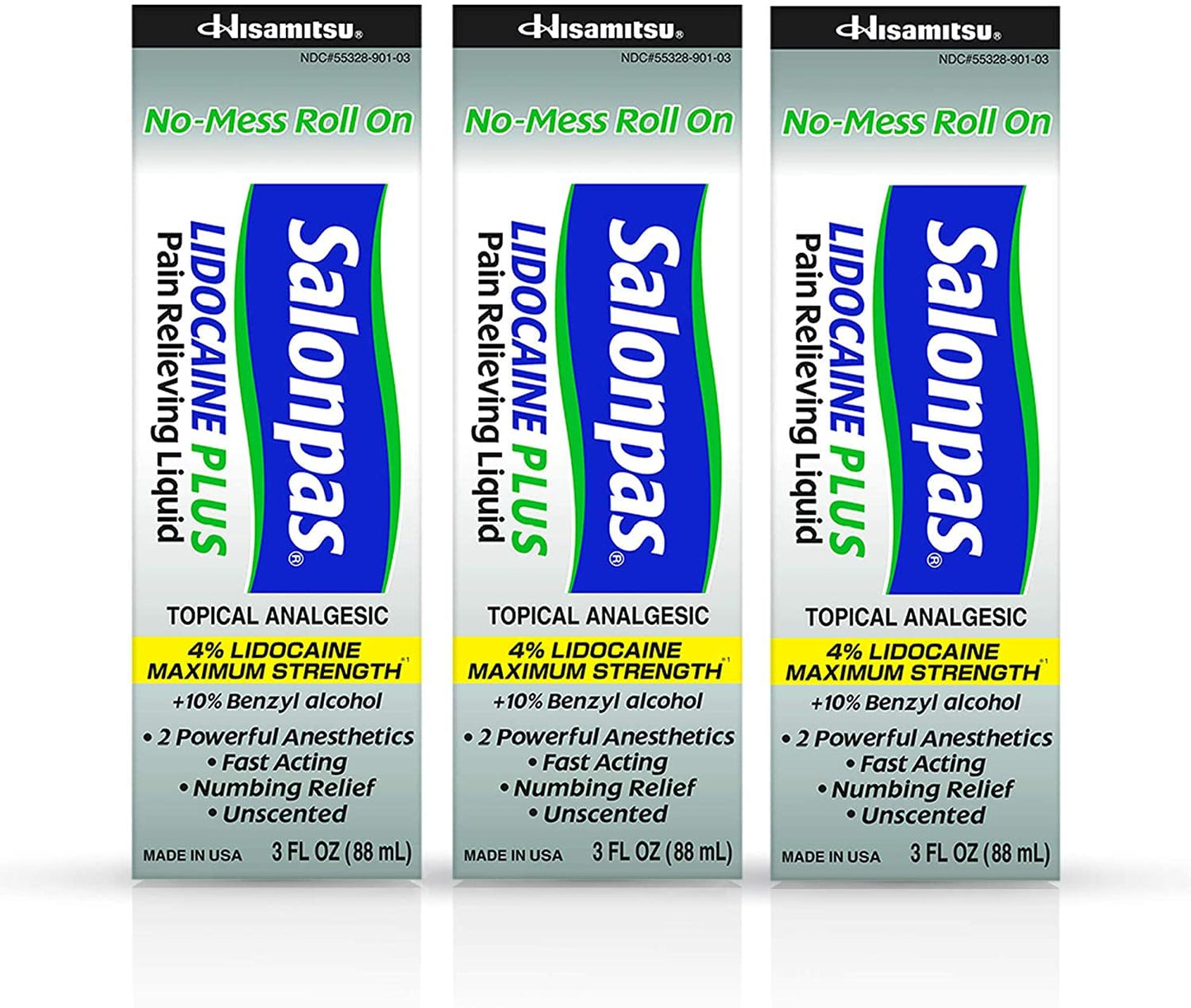 Salonpas LIDOCAINE Plus 3 oz ROLL ON Pain Relieving Liquid! Maximum Strength 4% Lidocaine for Numbing Pain Relief! Mess Free Application! (3 Pack) - dailyvitalstore