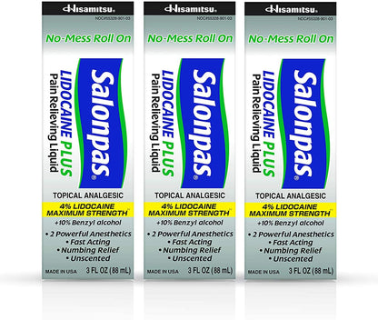 Salonpas LIDOCAINE Plus 3 oz ROLL ON Pain Relieving Liquid! Maximum Strength 4% Lidocaine for Numbing Pain Relief! Mess Free Application! (3 Pack) - dailyvitalstore