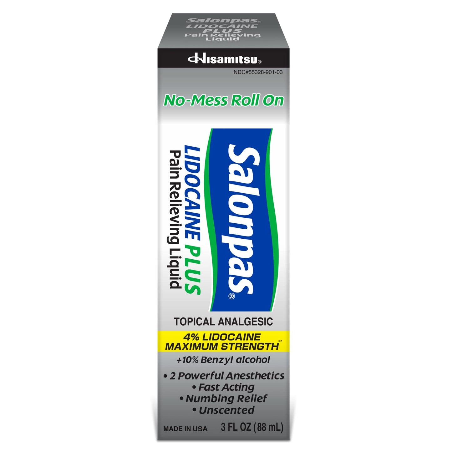 Salonpas LIDOCAINE Plus 3 oz ROLL ON Pain Relieving Liquid! Maximum Strength 4% Lidocaine for Numbing Pain Relief! Mess Free Application! (3 Pack) - dailyvitalstore