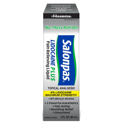 Salonpas LIDOCAINE Plus 3 oz ROLL ON Pain Relieving Liquid! Maximum Strength 4% Lidocaine for Numbing Pain Relief! Mess Free Application! (3 Pack) - dailyvitalstore