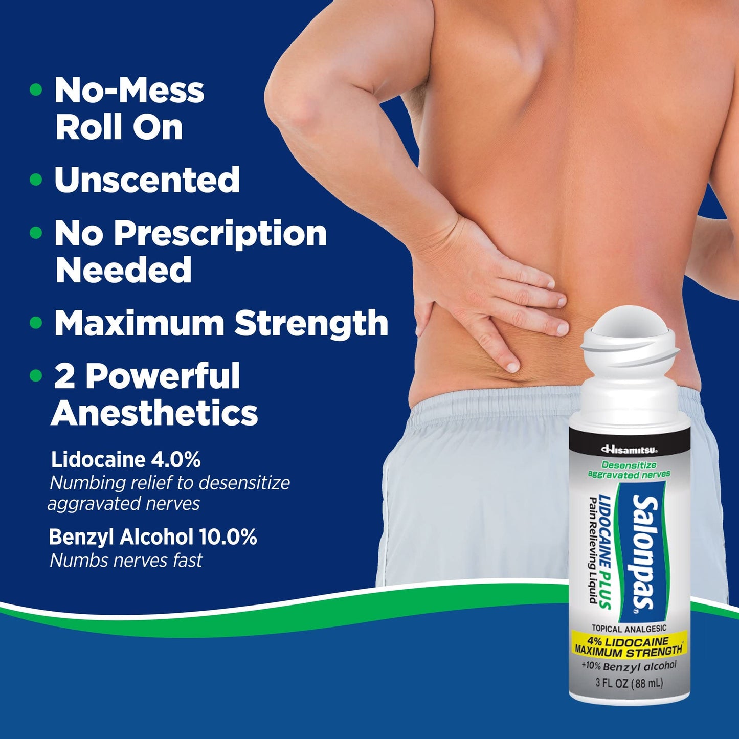 Salonpas LIDOCAINE Plus 3 oz ROLL ON Pain Relieving Liquid! Maximum Strength 4% Lidocaine for Numbing Pain Relief! Mess Free Application! (3 Pack) - dailyvitalstore