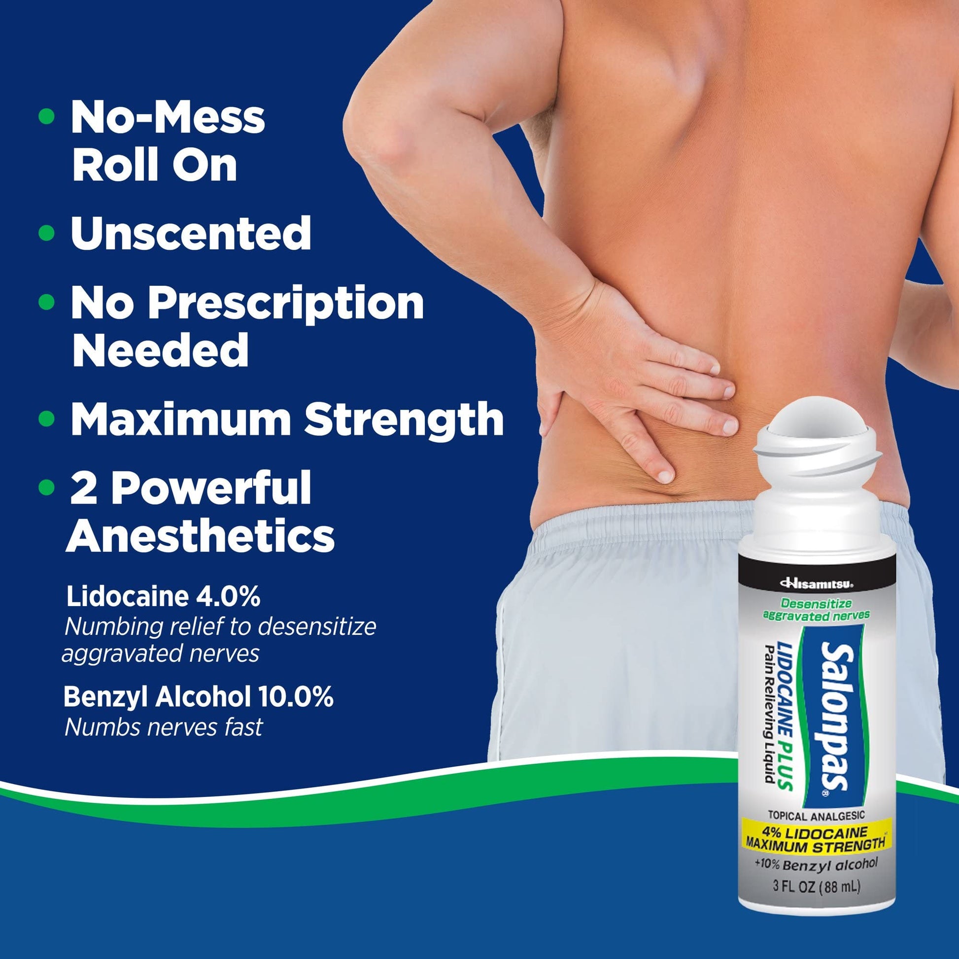 Salonpas LIDOCAINE Plus 3 oz ROLL ON Pain Relieving Liquid! Maximum Strength 4% Lidocaine for Numbing Pain Relief! Mess Free Application! (3 Pack) - dailyvitalstore