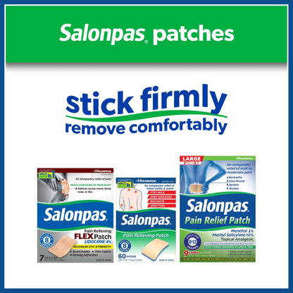 Salonpas Maximum OTC Strength Lidocaine 4% Pain Relieving Flex Patch, Apply for Up to 8 Hours, Unscented, Thin, Flexible, Lightweight, Patch Stays in Place, 7 Patches - dailyvitalstore