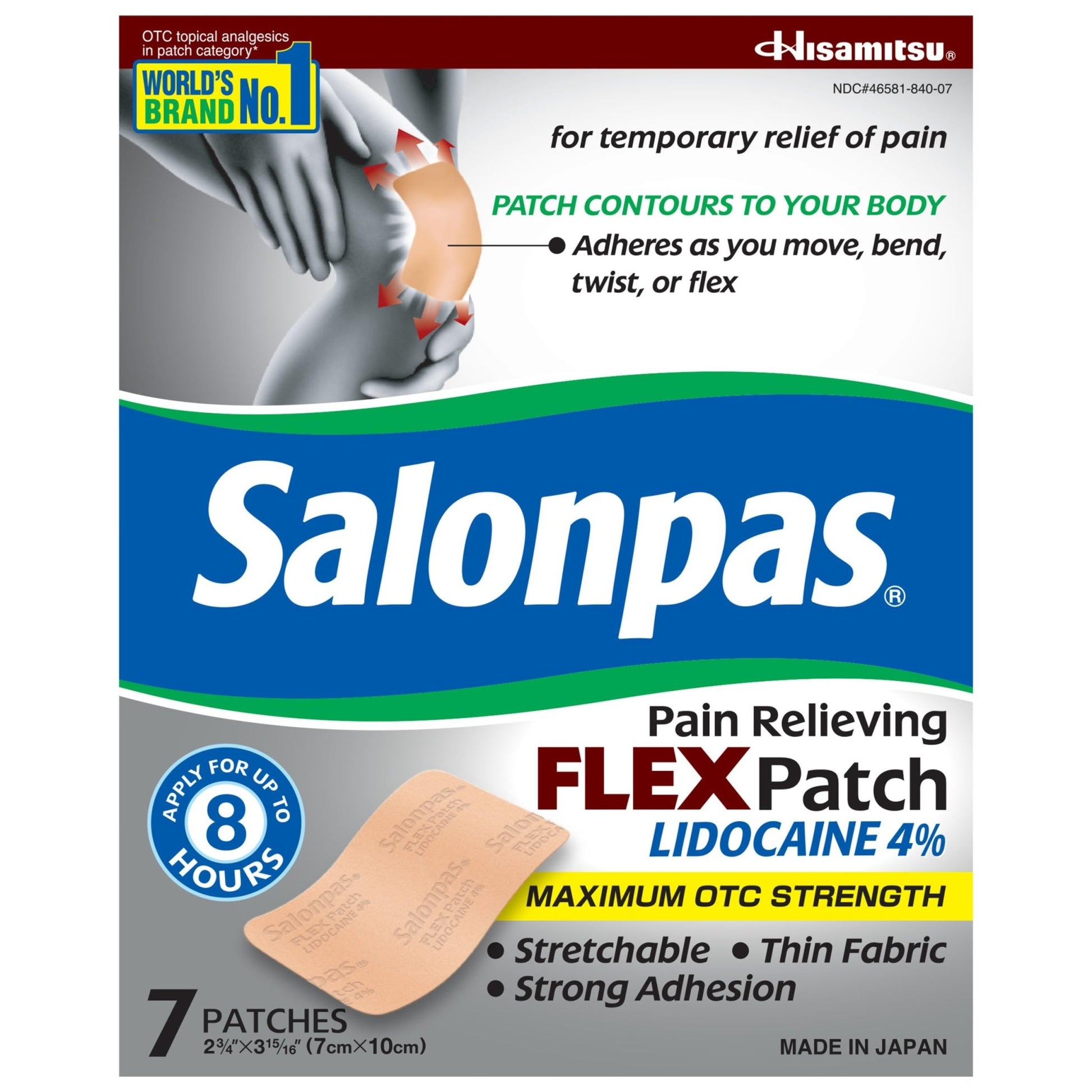 Salonpas Maximum OTC Strength Lidocaine 4% Pain Relieving Flex Patch, Apply for Up to 8 Hours, Unscented, Thin, Flexible, Lightweight, Patch Stays in Place, 7 Patches - dailyvitalstore