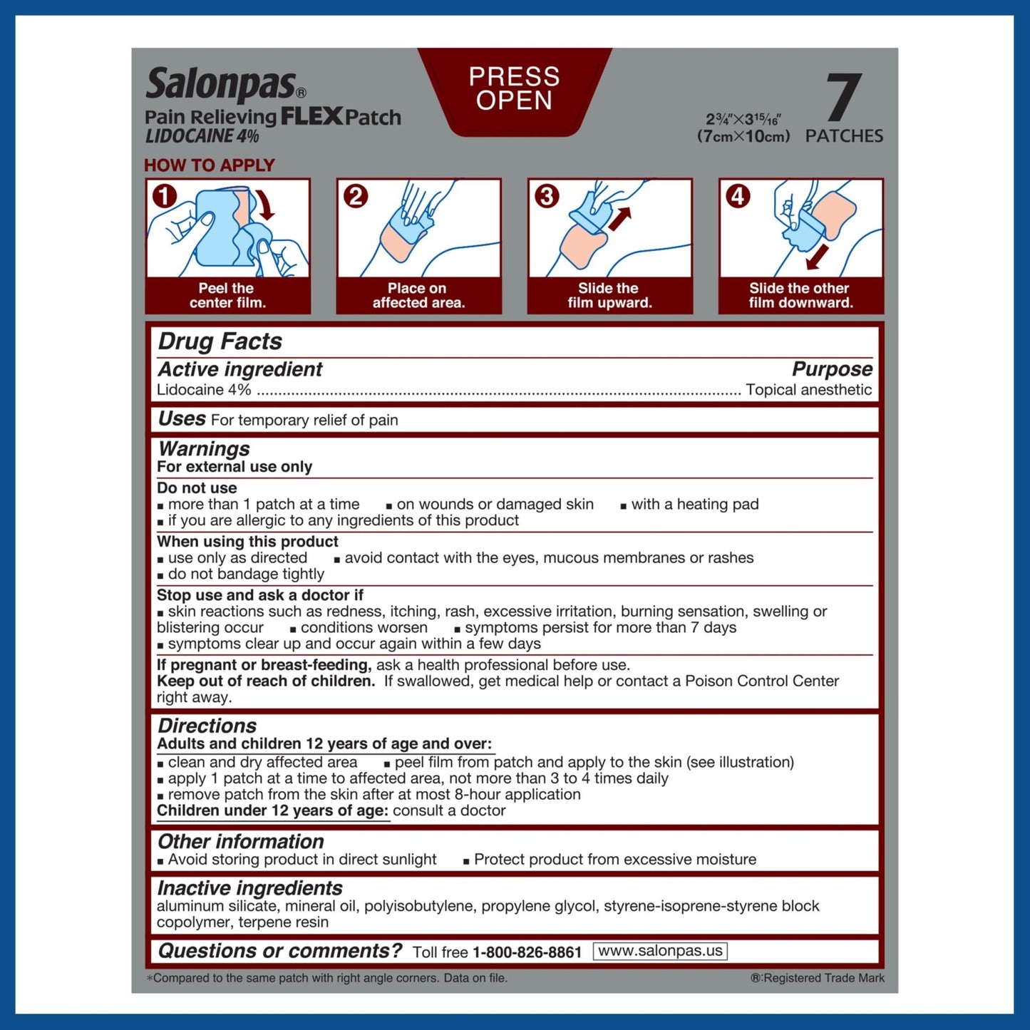 Salonpas Maximum OTC Strength Lidocaine 4% Pain Relieving Flex Patch, Apply for Up to 8 Hours, Unscented, Thin, Flexible, Lightweight, Patch Stays in Place, 7 Patches - dailyvitalstore