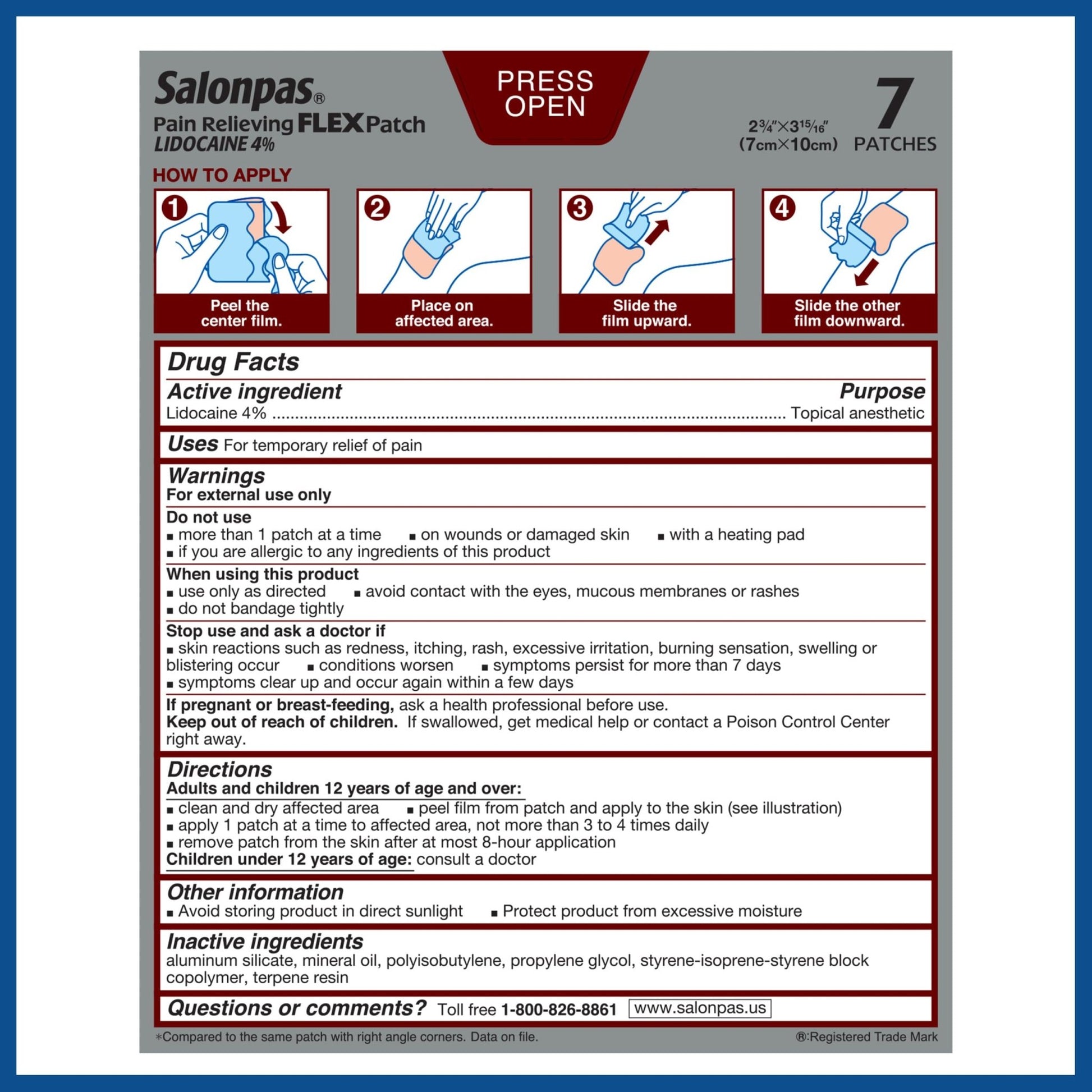 Salonpas Maximum OTC Strength Lidocaine 4% Pain Relieving Flex Patch, Apply for Up to 8 Hours, Unscented, Thin, Flexible, Lightweight, Patch Stays in Place, 7 Patches - dailyvitalstore