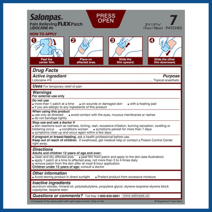 Salonpas Maximum OTC Strength Lidocaine 4% Pain Relieving Flex Patch, Apply for Up to 8 Hours, Unscented, Thin, Flexible, Lightweight, Patch Stays in Place, 7 Patches - dailyvitalstore