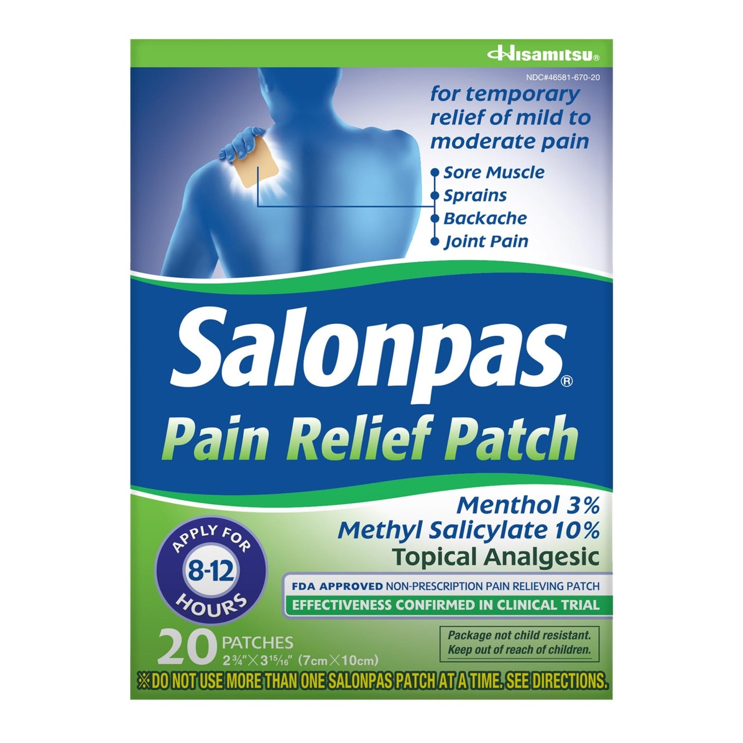 Salonpas Pain Relief Patch, 20 Count (Pack of 1), Up to 12 Hours Temporary Relief of Mild to Moderate Pain, Backache, Sore Muscle, Sprains, Bruises - dailyvitalstore