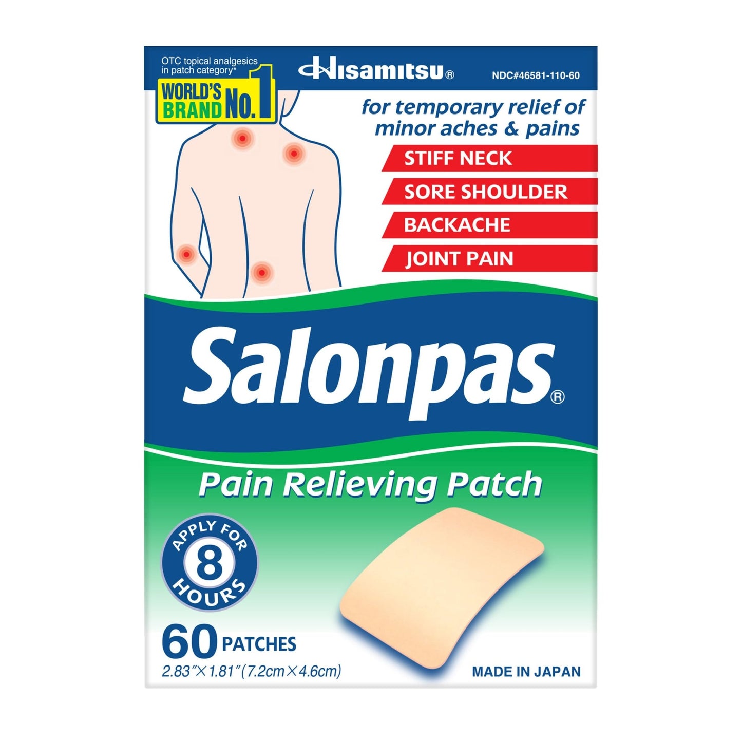 Salonpas Pain Relieving Patch for Back, Neck, Shoulder, Knee Pain and Muscle Soreness - 8 Hour Pain Relief - 60 Count - dailyvitalstore