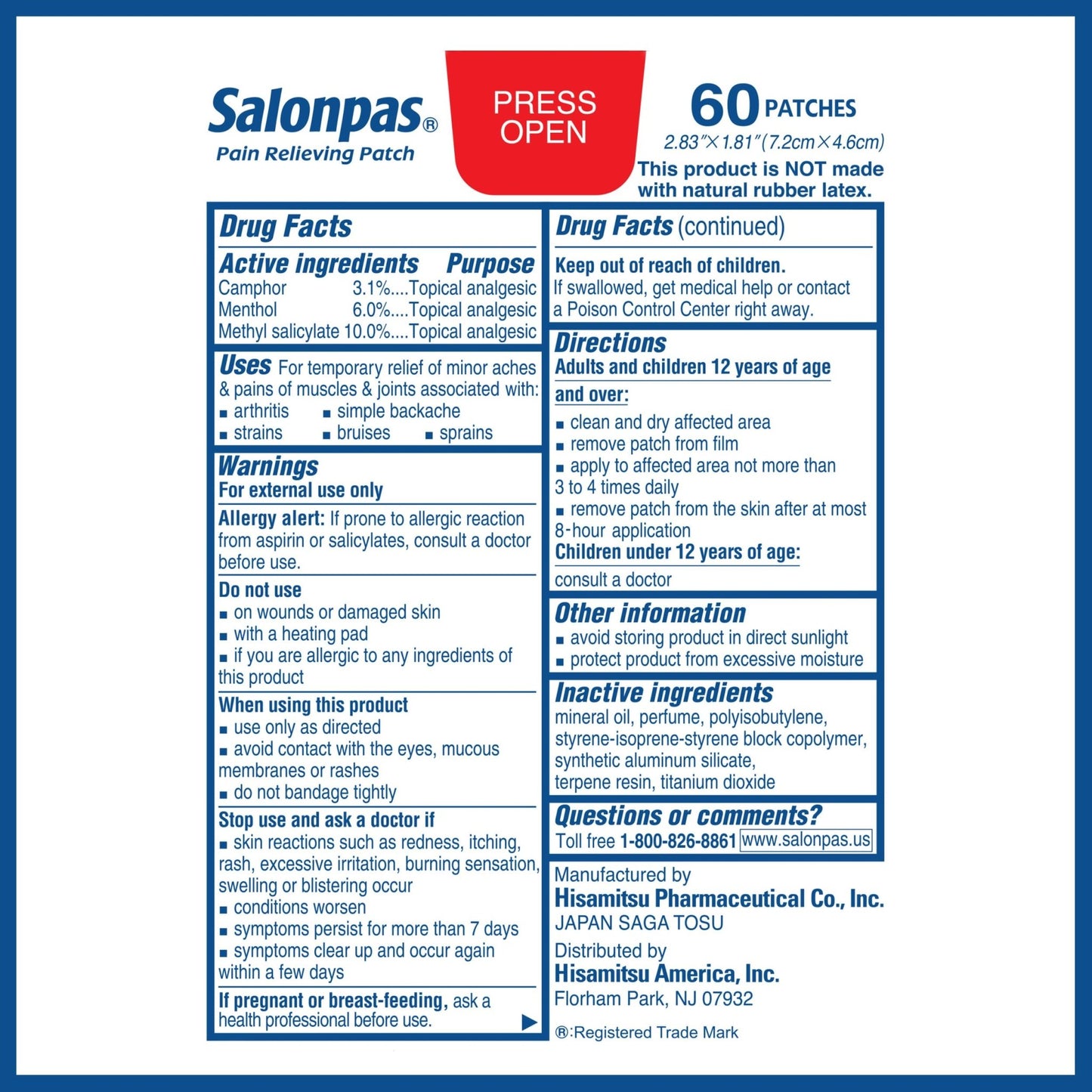 Salonpas Pain Relieving Patch for Back, Neck, Shoulder, Knee Pain and Muscle Soreness - 8 Hour Pain Relief - 60 Count - dailyvitalstore