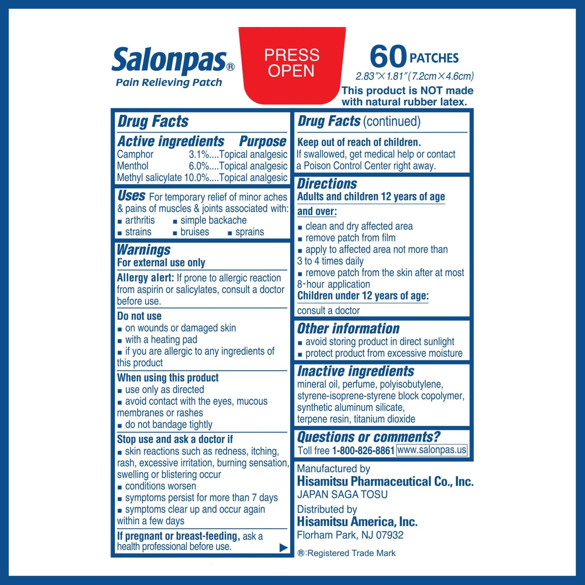 Salonpas Pain Relieving Patch for Back, Neck, Shoulder, Knee Pain and Muscle Soreness - 8 Hour Pain Relief - 60 Count - dailyvitalstore