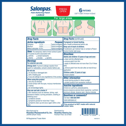 Salonpas Pain Relieving Patch, Large, 6 Count, for Back, Neck, Shoulder, Knee Pain and Muscle Soreness, 8 Hour Pain Relief - dailyvitalstore