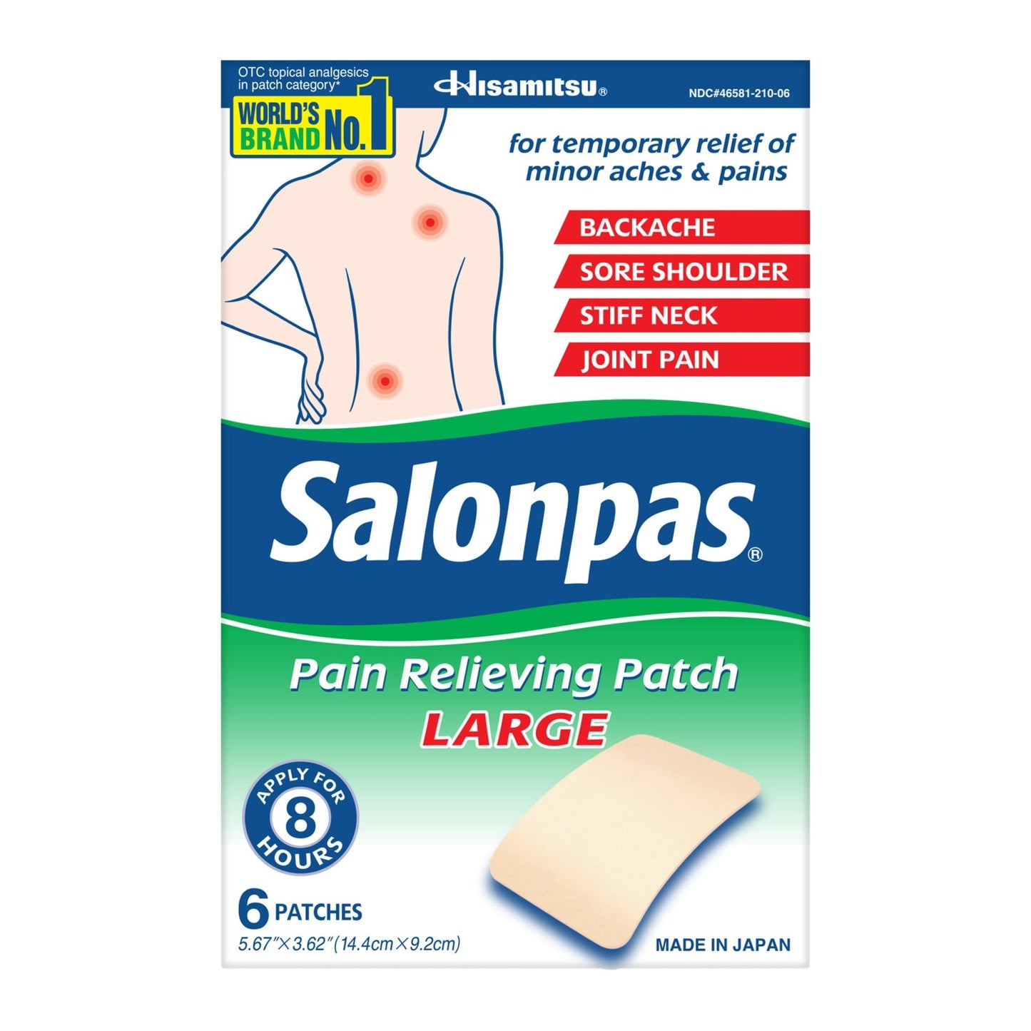 Salonpas Pain Relieving Patch, Large, 6 Count, for Back, Neck, Shoulder, Knee Pain and Muscle Soreness, 8 Hour Pain Relief - dailyvitalstore