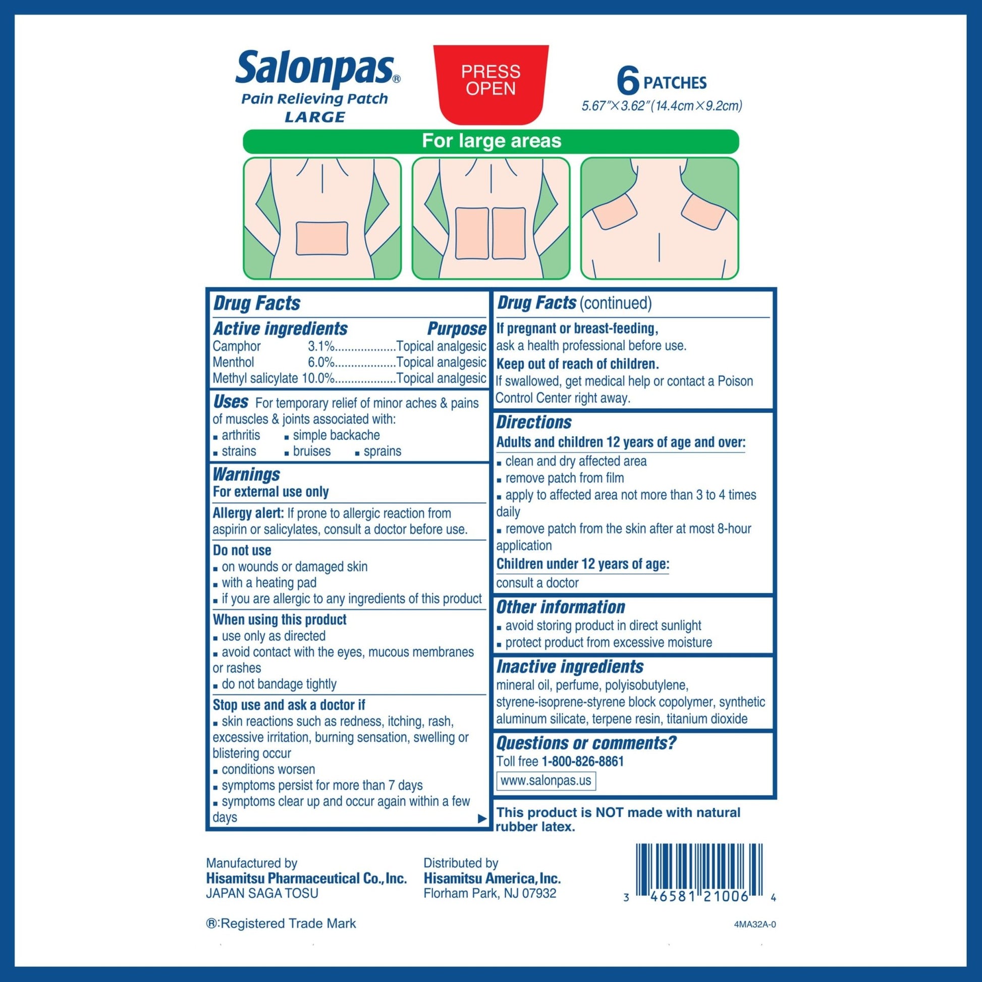 Salonpas Pain Relieving Patch, Large, 6 Count, for Back, Neck, Shoulder, Knee Pain and Muscle Soreness, 8 Hour Pain Relief - dailyvitalstore
