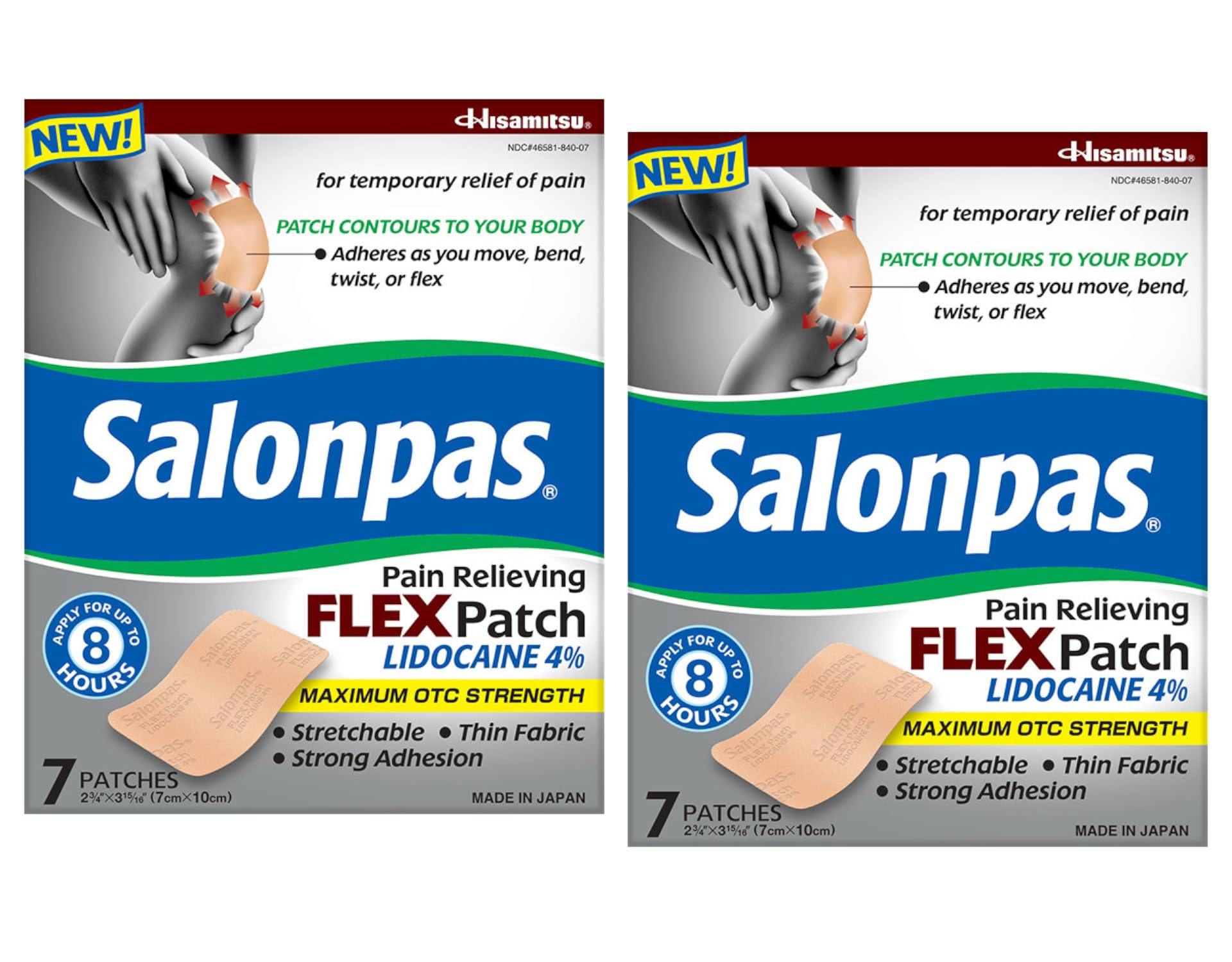 Salonpas Temporary Pain Relieving Flex Patch with Lidocaine 4%, Maximum OTC Strength, Stretchable Thin Fabric, Strong Adhesion, Contours to Body, Apply for Up to 8 Hours 7 ct (Pack of 2) - dailyvitalstore