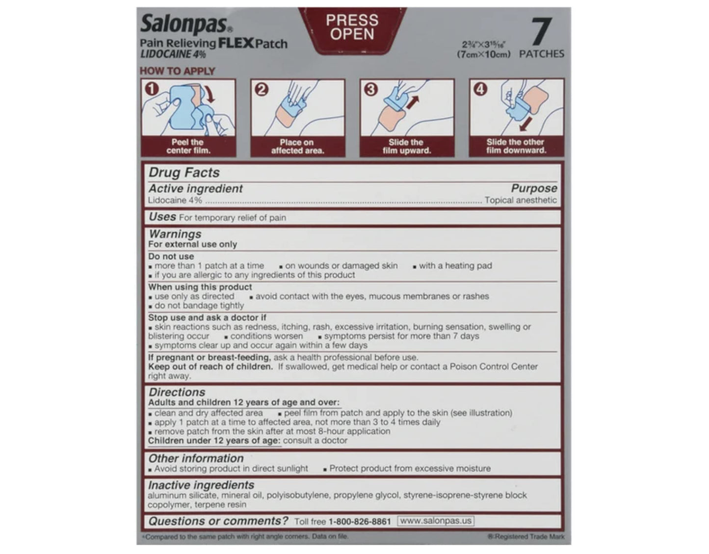 Salonpas Temporary Pain Relieving Flex Patch with Lidocaine 4%, Maximum OTC Strength, Stretchable Thin Fabric, Strong Adhesion, Contours to Body, Apply for Up to 8 Hours 7 ct (Pack of 2) - dailyvitalstore