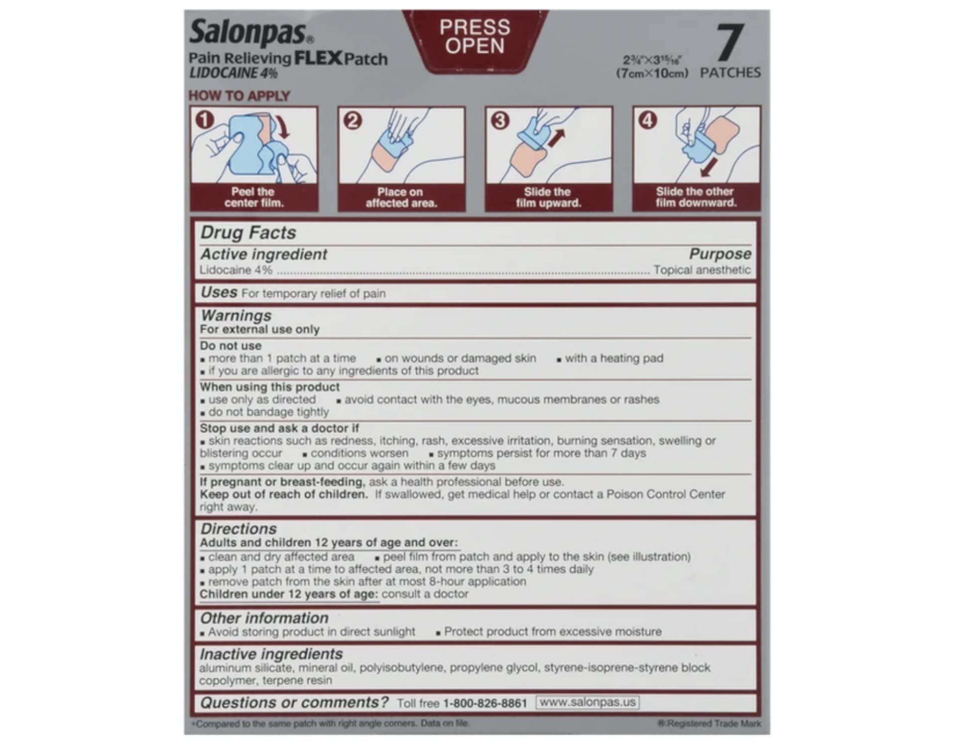 Salonpas Temporary Pain Relieving Flex Patch with Lidocaine 4%, Maximum OTC Strength, Stretchable Thin Fabric, Strong Adhesion, Contours to Body, Apply for Up to 8 Hours 7 ct (Pack of 2) - dailyvitalstore