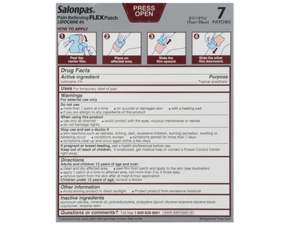Salonpas Temporary Pain Relieving Flex Patch with Lidocaine 4%, Maximum OTC Strength, Stretchable Thin Fabric, Strong Adhesion, Contours to Body, Apply for Up to 8 Hours 7 ct (Pack of 2) - dailyvitalstore