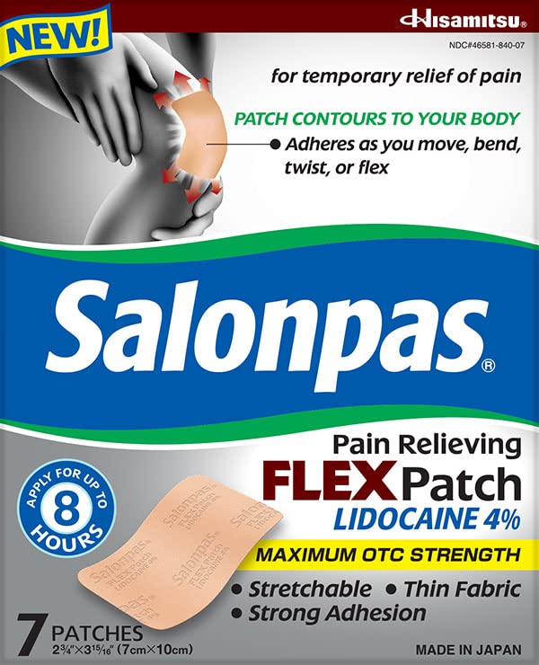 Salonpas Temporary Pain Relieving Flex Patch with Lidocaine 4%, Maximum OTC Strength, Stretchable Thin Fabric, Strong Adhesion, Contours to Body, Apply for Up to 8 Hours 7 ct (Pack of 2) - dailyvitalstore