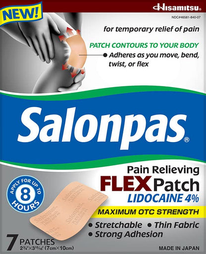 Salonpas Temporary Pain Relieving Flex Patch with Lidocaine 4%, Maximum OTC Strength, Stretchable Thin Fabric, Strong Adhesion, Contours to Body, Apply for Up to 8 Hours 7 ct (Pack of 2) - dailyvitalstore