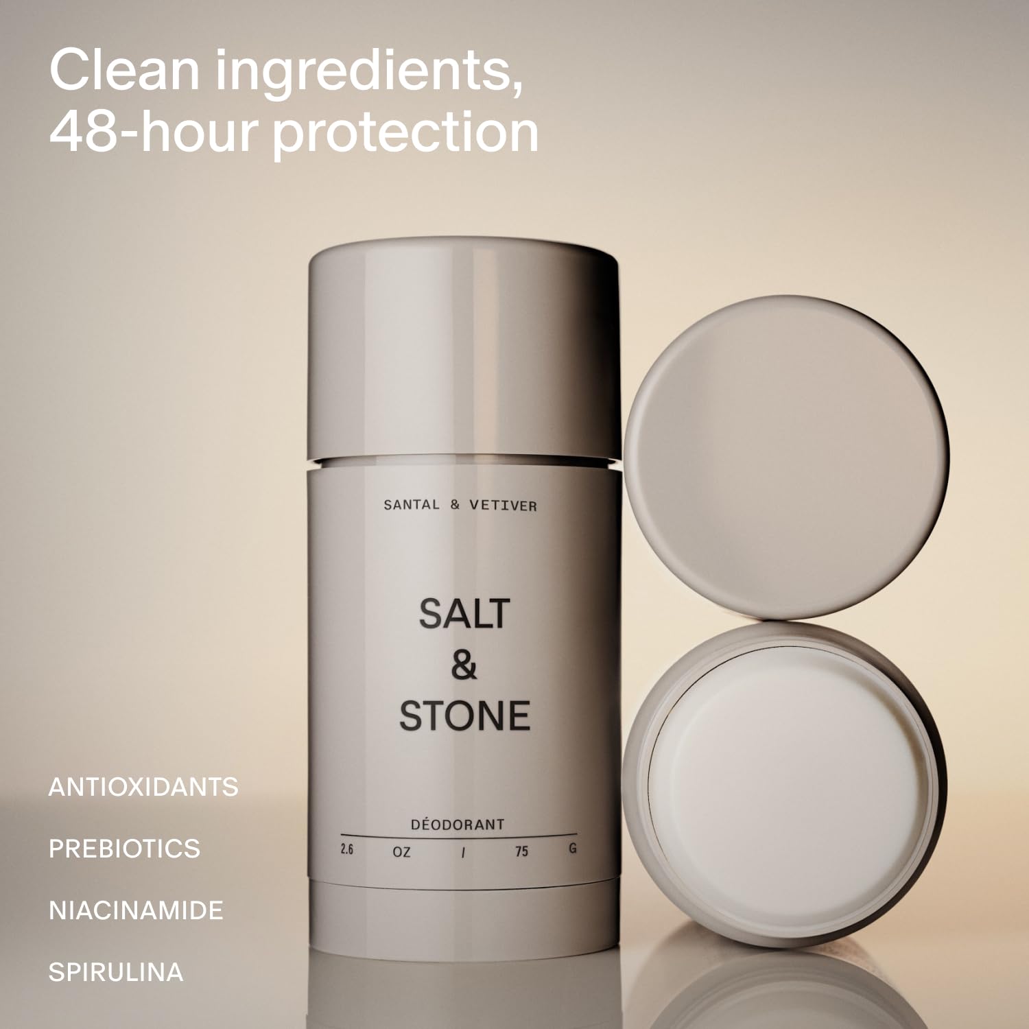Salt & Stone Aluminum Free Deodorant | Extra Strength 48 Hour Protection for Women & Men | Made with Seaweed Extracts, Niacinamide & Prebiotics | Santal & Vetiver - dailyvitalstore