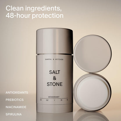 Salt & Stone Aluminum Free Deodorant | Extra Strength 48 Hour Protection for Women & Men | Made with Seaweed Extracts, Niacinamide & Prebiotics | Santal & Vetiver - dailyvitalstore