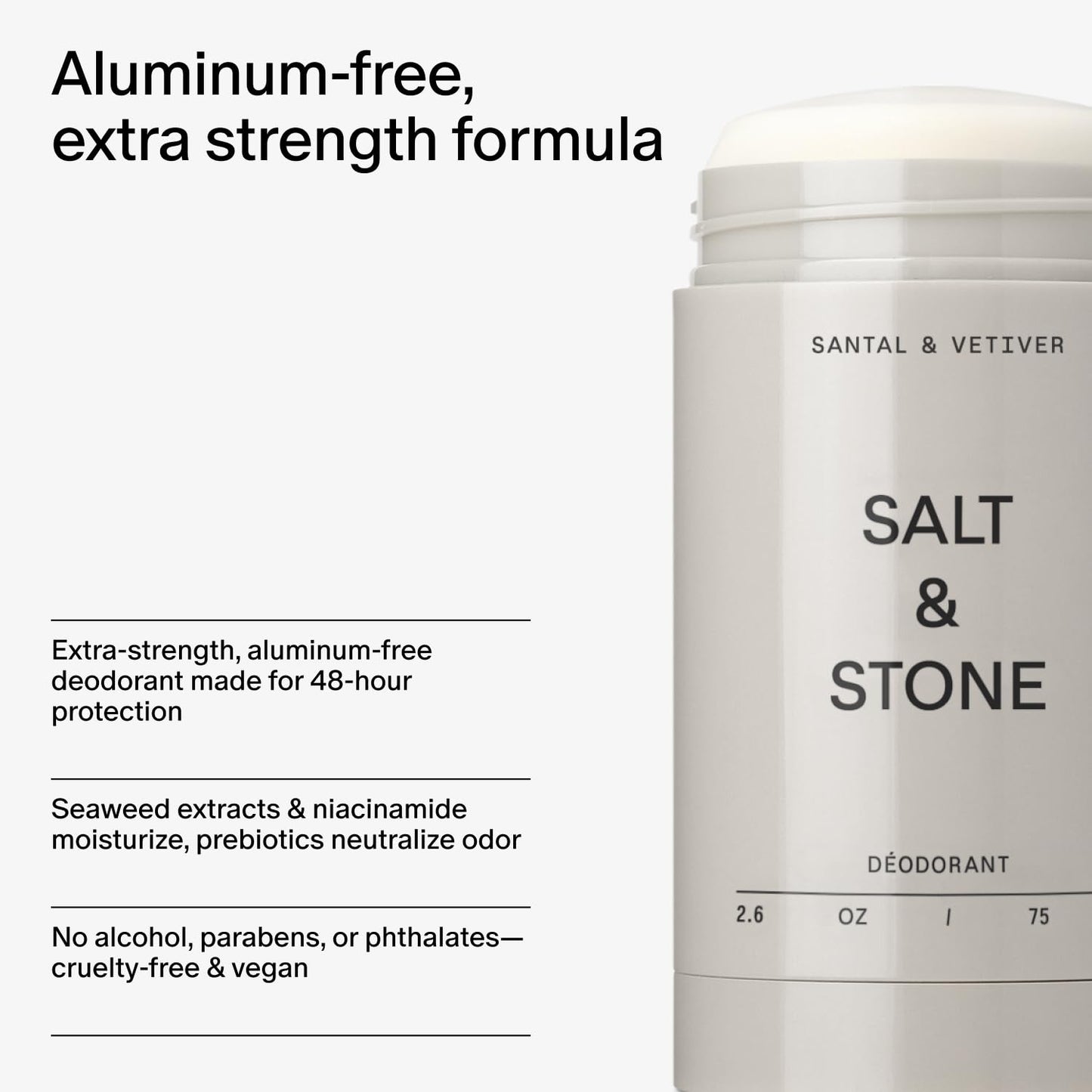Salt & Stone Aluminum Free Deodorant | Extra Strength 48 Hour Protection for Women & Men | Made with Seaweed Extracts, Niacinamide & Prebiotics | Santal & Vetiver - dailyvitalstore