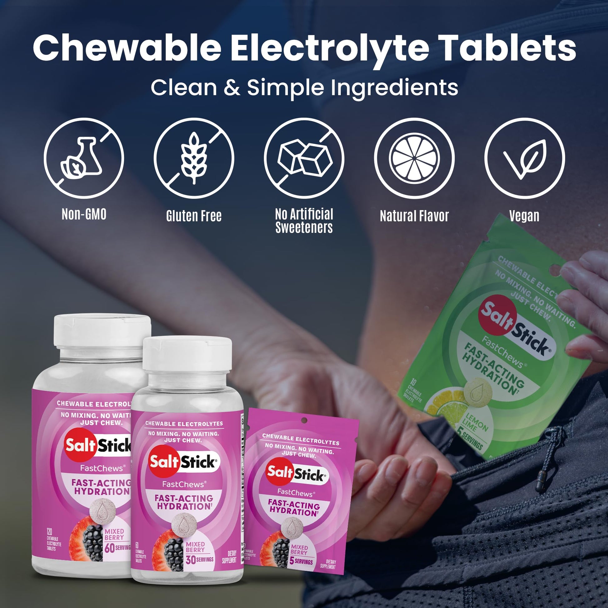 SaltStick Electrolyte FastChews - 60 Mixed Berry Chewable Tablets - Salt Tablets for Running and Hydration, Electrolyte Chews - 60 Count Bottle - dailyvitalstore