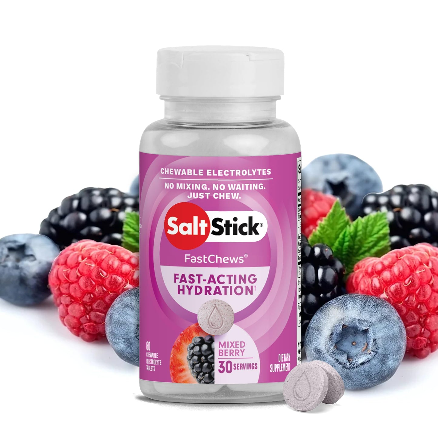 SaltStick Electrolyte FastChews - 60 Mixed Berry Chewable Tablets - Salt Tablets for Running and Hydration, Electrolyte Chews - 60 Count Bottle - dailyvitalstore