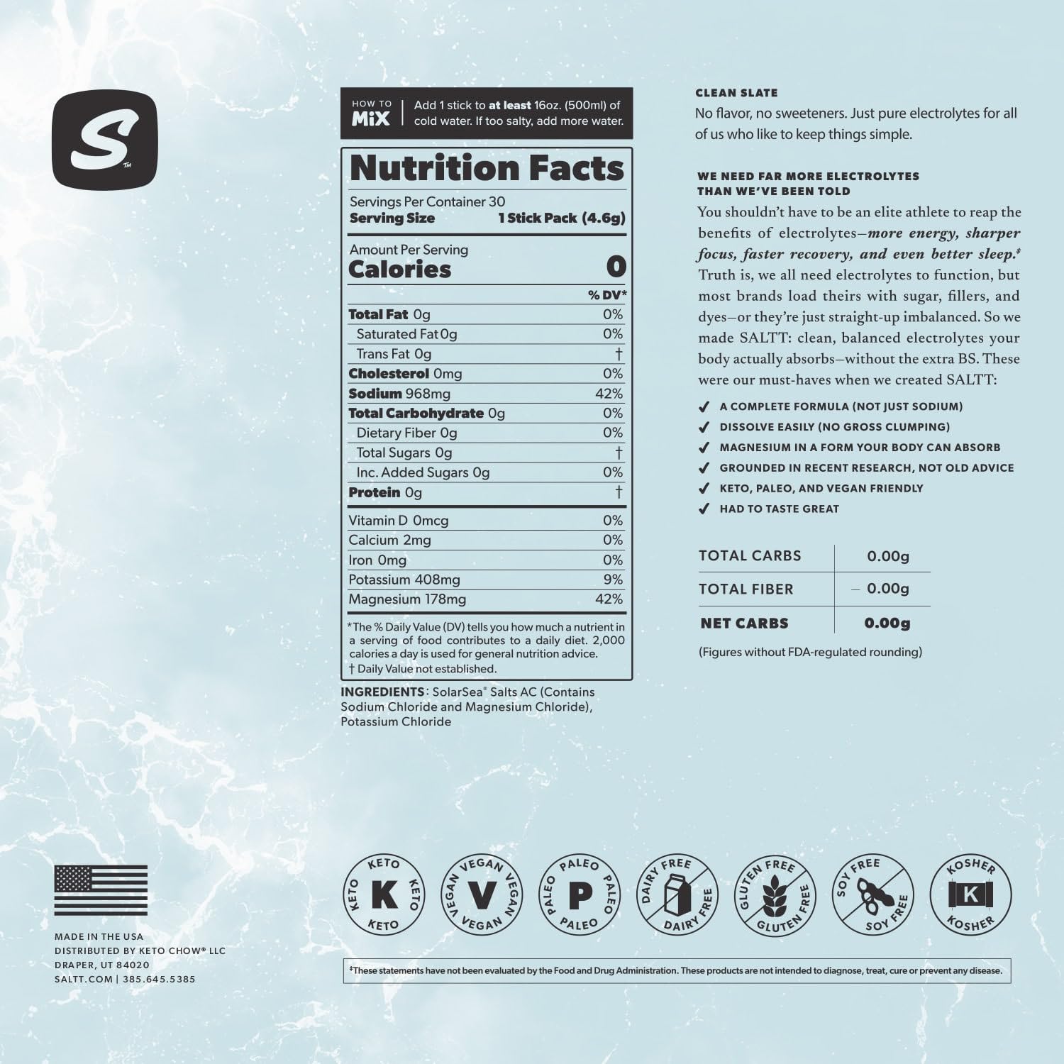SALTT Electrolytes Powder Unflavored Drink Mix - Clean Slate - 30 Hydration Packets - Magnesium, Potassium, Sodium, Trace Minerals - Zero Sugar - dailyvitalstore