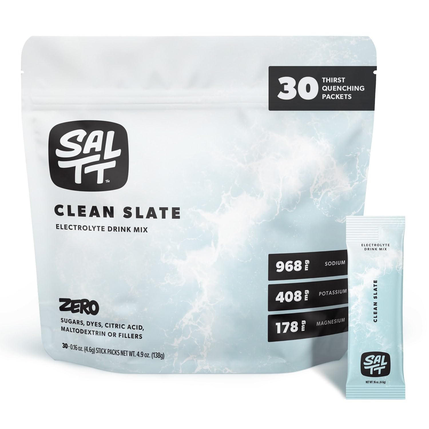 SALTT Electrolytes Powder Unflavored Drink Mix - Clean Slate - 30 Hydration Packets - Magnesium, Potassium, Sodium, Trace Minerals - Zero Sugar - dailyvitalstore