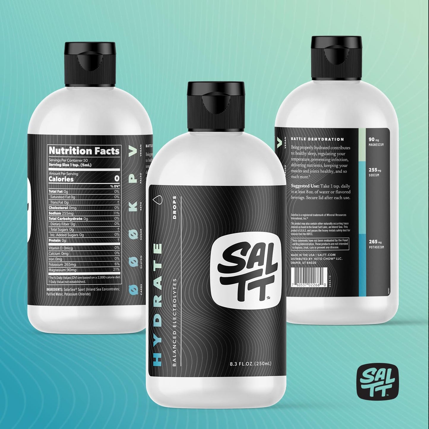 SALTT - Hydrate (8.3 oz) - Electrolytes Drops - Energy Boost - Sodium, Potassium, Magnesium, Zinc, Copper - Unflavored - Ultra Low Carb - Zero Sugar, Vegan, Gluten Free, Non GMO - By Keto Chow - dailyvitalstore