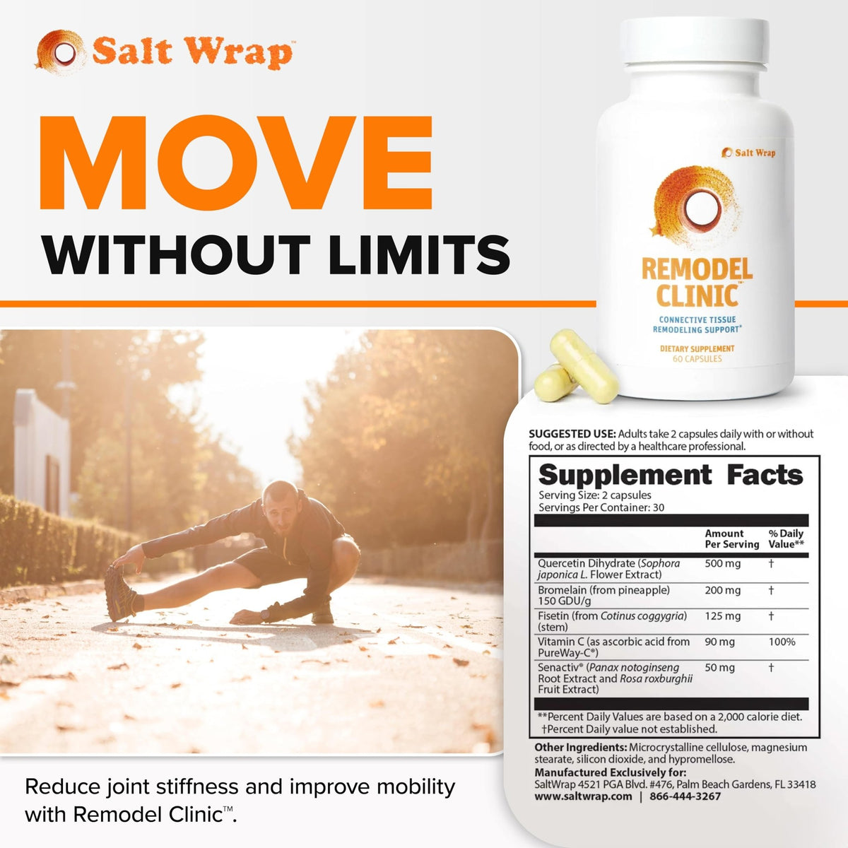 SaltWrap Remodel Clinic - Joint Remodeling Supplement for Senescent Cell Removal and Scar Tissue - Improve Mobility, Reduce Connective Tissue Stiffness - Fisetin, Quercetin, Bromelain - 60 Capsules - dailyvitalstore