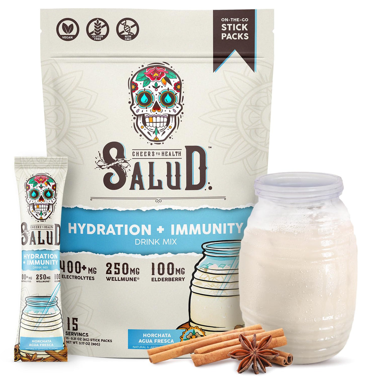 Salud 2-in-1 Hydration Packets + Immunity Electrolytes Powder, Horchata - Agua Fresca Drink Mix, Elderberry, Dairy & Soy Free, Non-GMO, Gluten Free, Vegan - dailyvitalstore
