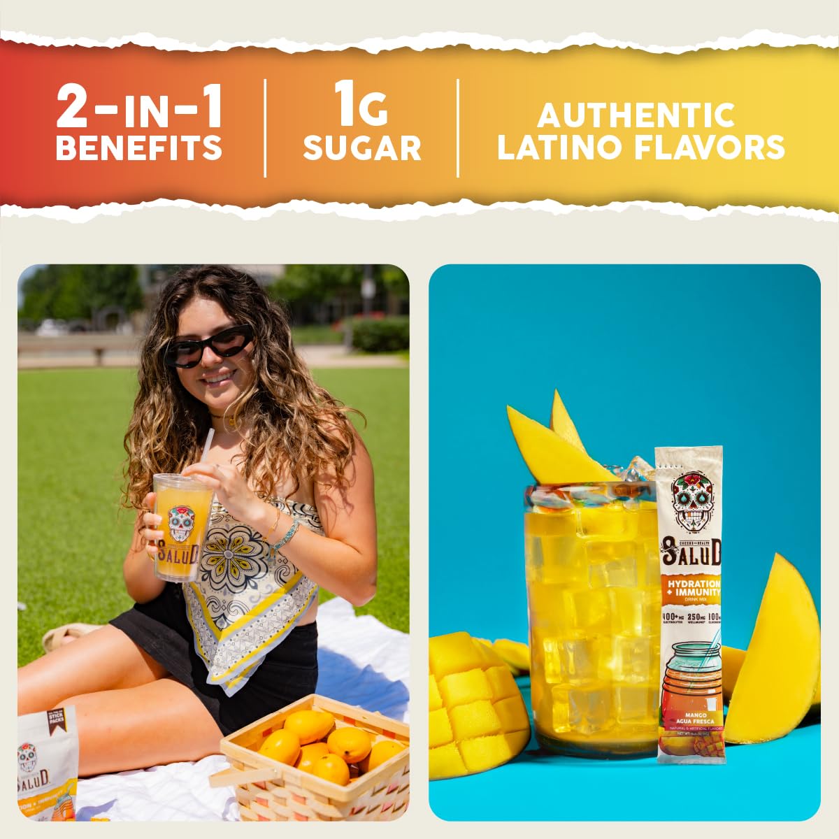 Salud 2-in-1 Hydration Packets + Immunity Electrolytes Powder, Mango - Agua Fresca Drink Mix, Elderberry, Dairy & Soy Free, Non-GMO, Gluten Free, - dailyvitalstore