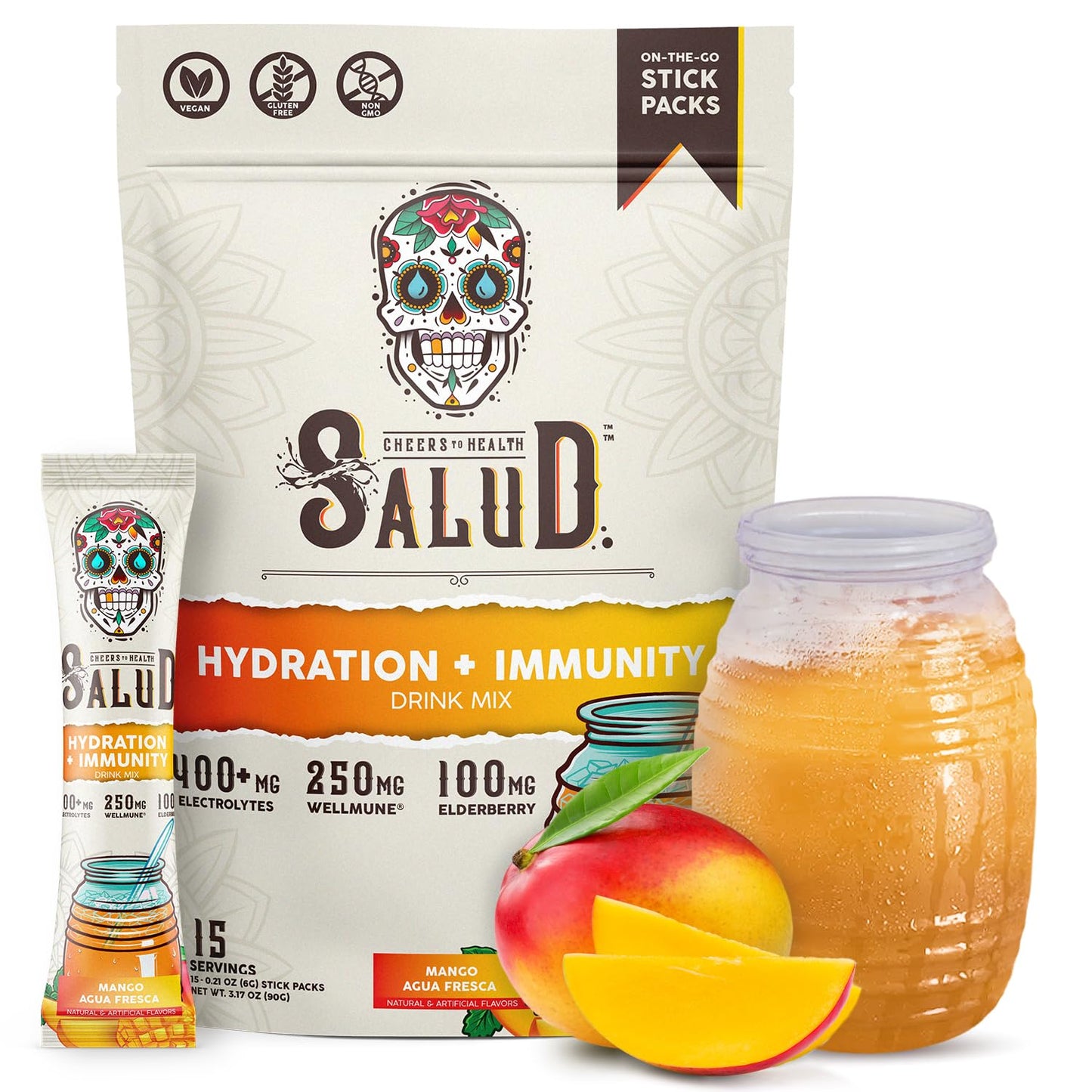 Salud 2-in-1 Hydration Packets + Immunity Electrolytes Powder, Mango - Agua Fresca Drink Mix, Elderberry, Dairy & Soy Free, Non-GMO, Gluten Free, - dailyvitalstore