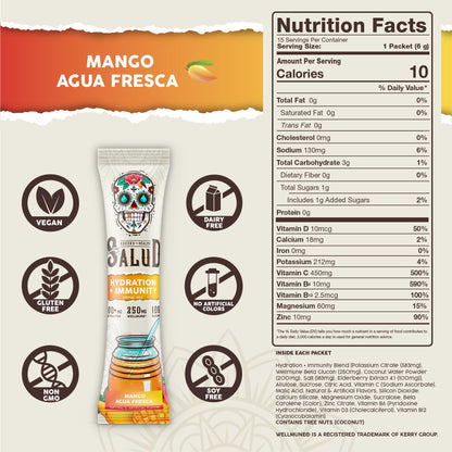 Salud 2-in-1 Hydration Packets + Immunity Electrolytes Powder, Mango - Agua Fresca Drink Mix, Elderberry, Dairy & Soy Free, Non-GMO, Gluten Free, - dailyvitalstore