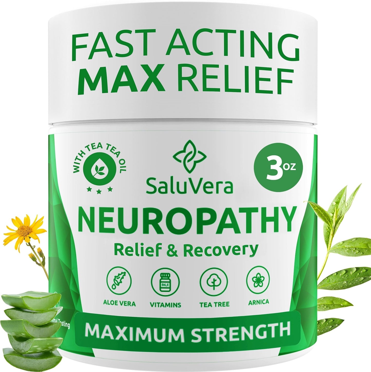 SaluVera Neuropathy Pain Relief Cream - Maximum Strength Nerve Pain Reliever for Foot, Toes, Hands, Legs with Aloe Vera, Arnica, MSM Vitamin B6, and Menthol for Fast-Acting Relief 3oz - dailyvitalstore