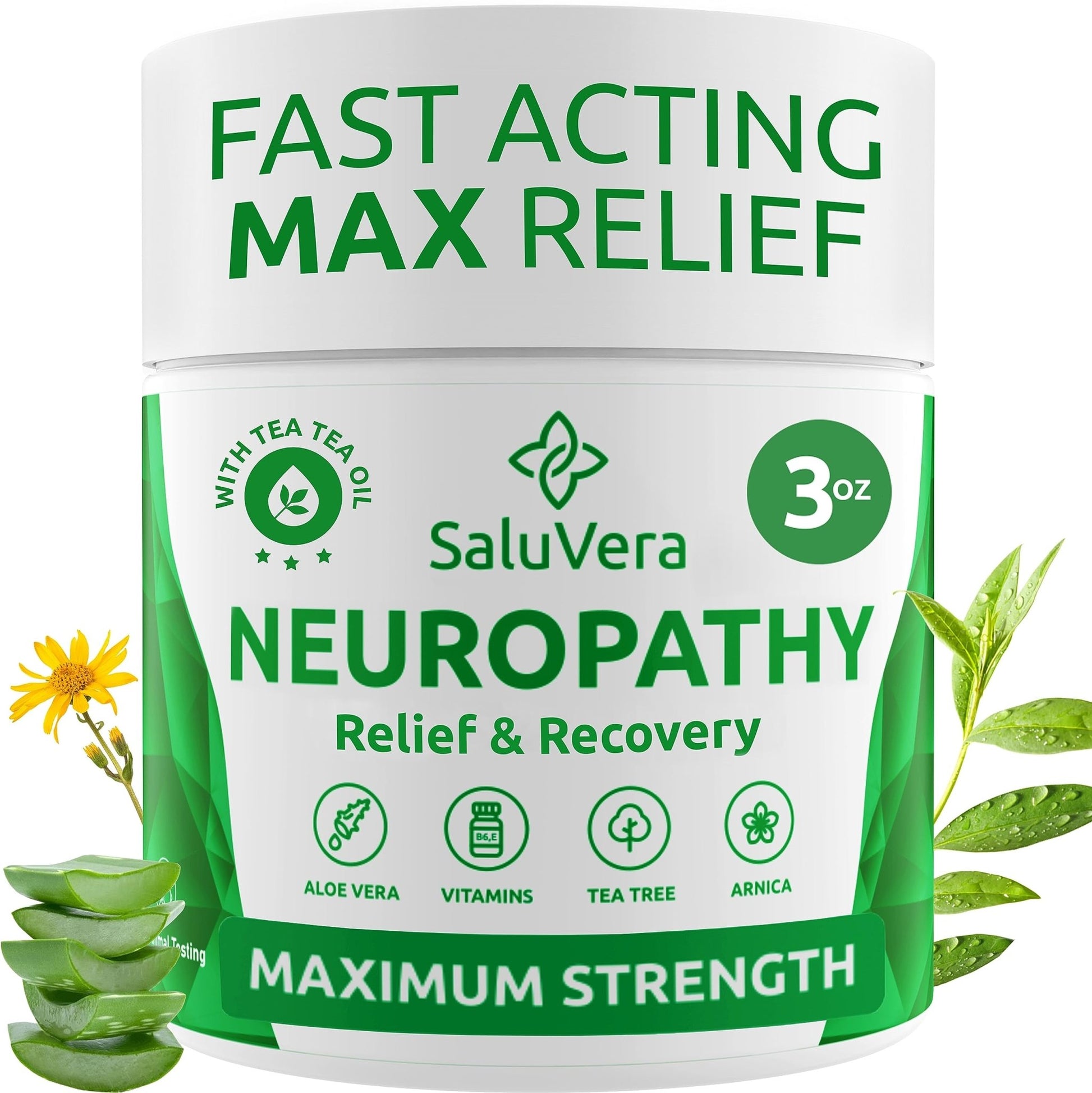SaluVera Neuropathy Pain Relief Cream - Maximum Strength Nerve Pain Reliever for Foot, Toes, Hands, Legs with Aloe Vera, Arnica, MSM Vitamin B6, and Menthol for Fast-Acting Relief 3oz - dailyvitalstore