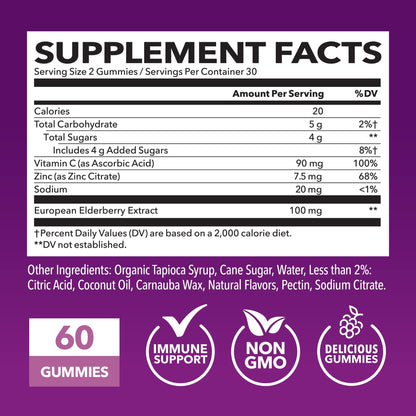Sambucus Elderberry Gummies for Adults - Immune Support Supplement with Vitamin C and Zinc - Enhanced Formula for Daily Defense - 60 Count - dailyvitalstore