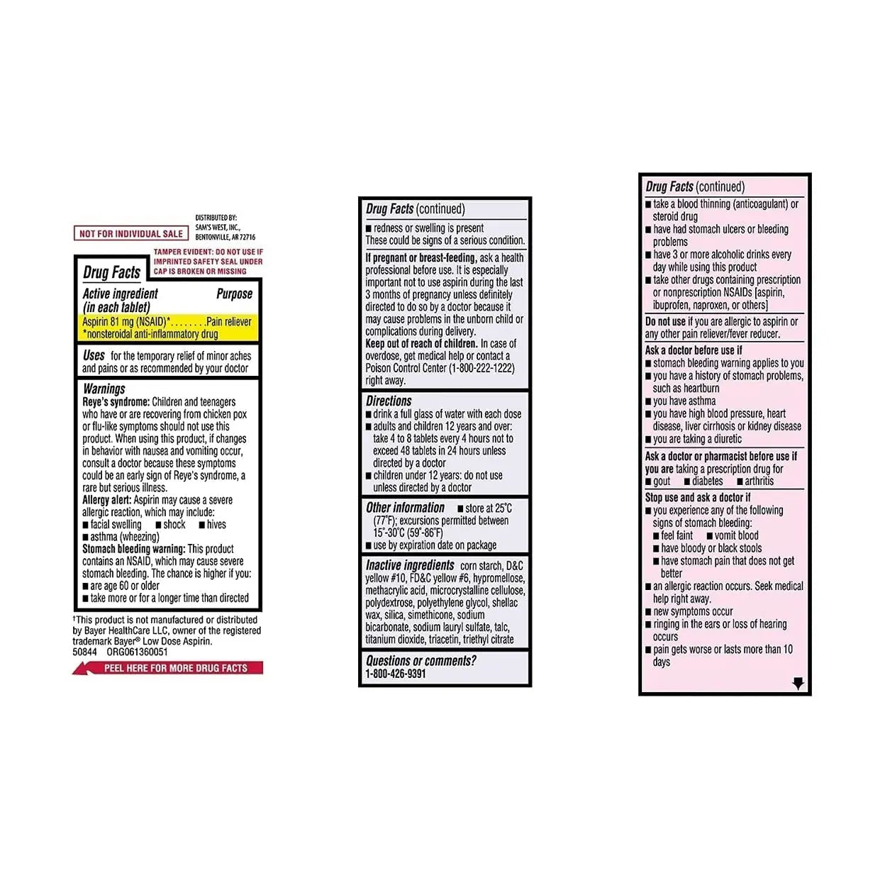 Sam's West Member's Mark Low Strength Adults Enteric Safety Coated Aspirin Regimen Tablets Pain Reliever NSAID, 81 mg, 2 Bottles, 730 Tablets - dailyvitalstore