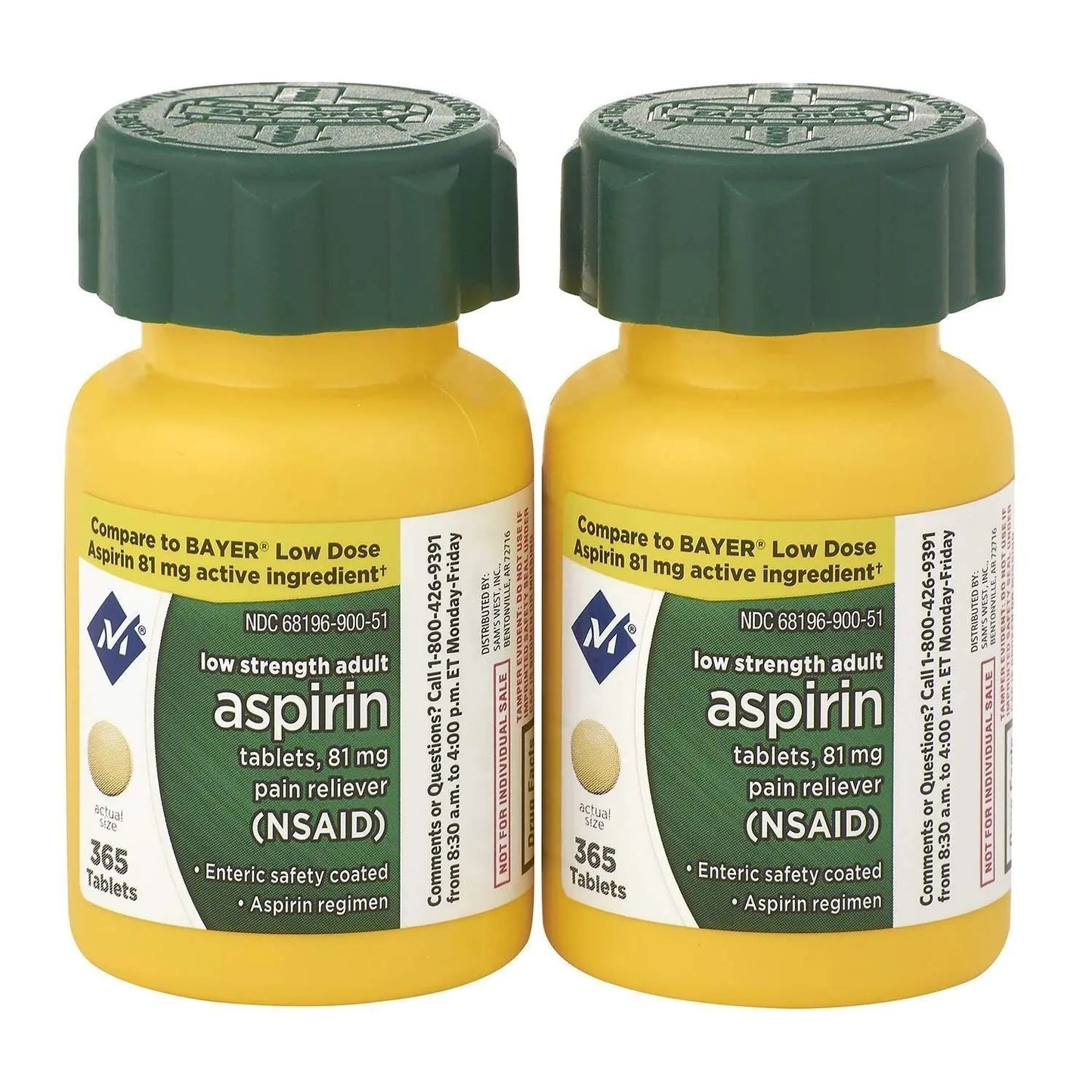 Sam's West Member's Mark Low Strength Adults Enteric Safety Coated Aspirin Regimen Tablets Pain Reliever NSAID, 81 mg, 2 Bottles, 730 Tablets - dailyvitalstore