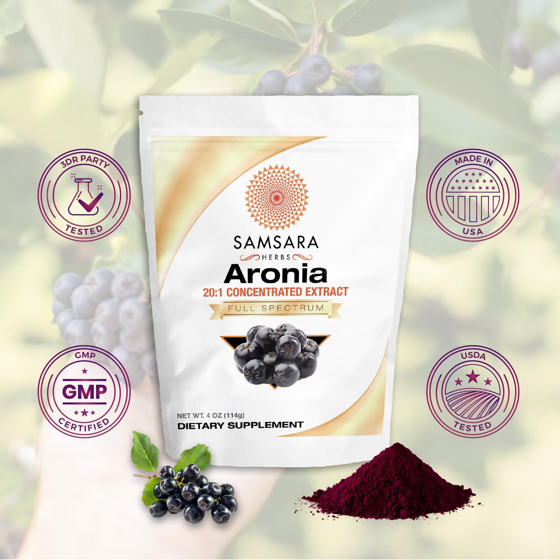Samsara Herbs Aronia Berry 20:1 Extract Powder (16oz/454g) - Antioxidant, Flavonoids and Polyphenols Supplement - High ORAC - Native American Berry - Improved Wellbeing - dailyvitalstore