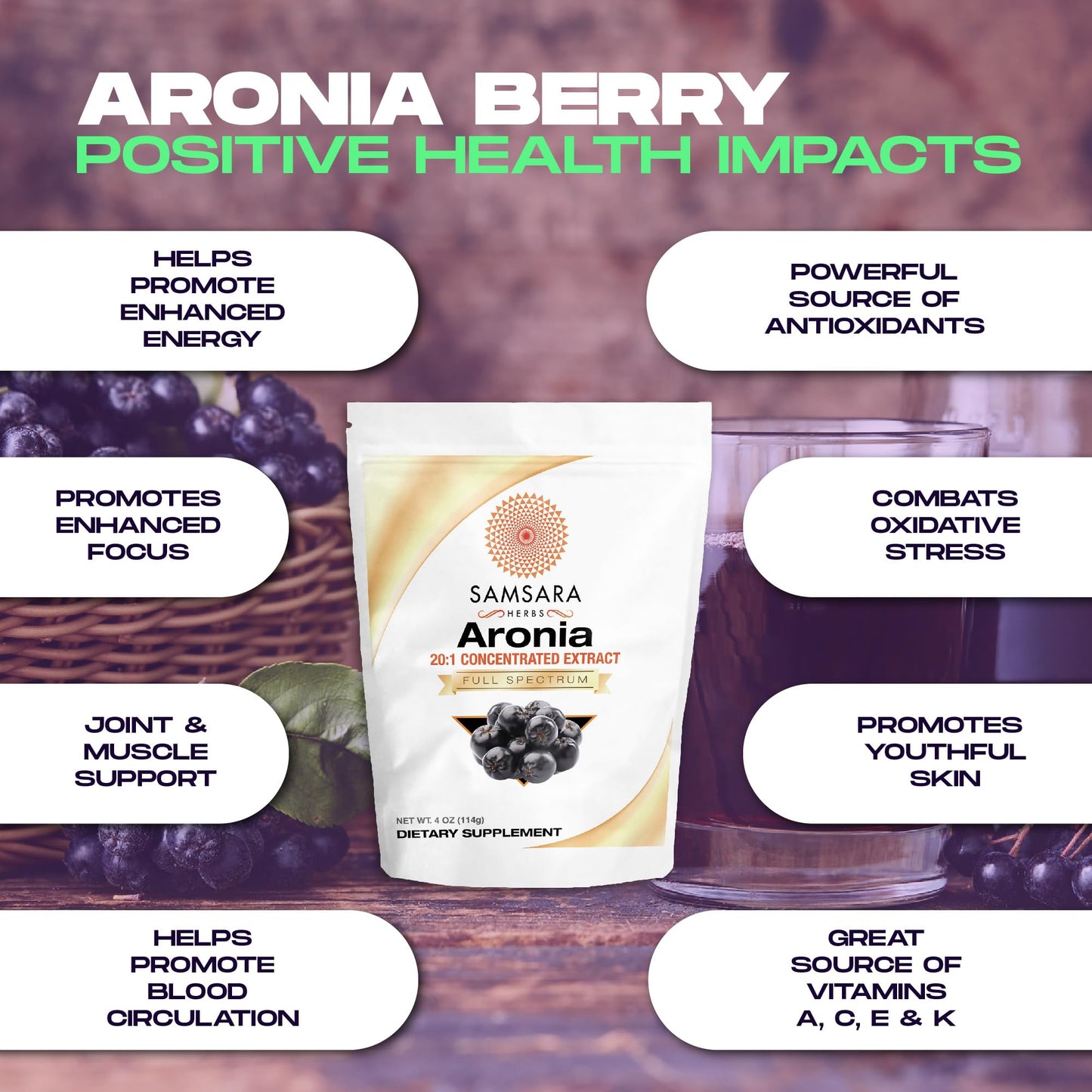Samsara Herbs Aronia Berry 20:1 Extract Powder (16oz/454g) - Antioxidant, Flavonoids and Polyphenols Supplement - High ORAC - Native American Berry - Improved Wellbeing - dailyvitalstore