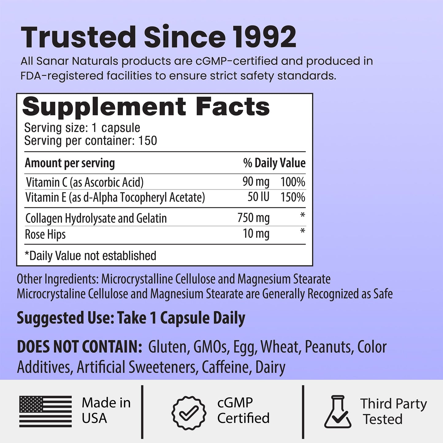 Sanar Naturals Collagen Pills, 150 Capsules | Supports Skin Elasticity, Hydration, Hair, Nails and Joints | Hydrolyzed Collagen Peptides Supplement with Vitamin C and E, Grass Fed, Non GMO - dailyvitalstore