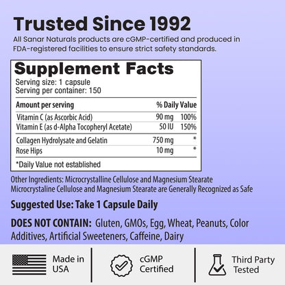 Sanar Naturals Collagen Pills, 150 Capsules | Supports Skin Elasticity, Hydration, Hair, Nails and Joints | Hydrolyzed Collagen Peptides Supplement with Vitamin C and E, Grass Fed, Non GMO - dailyvitalstore